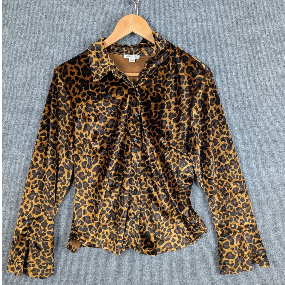 Ultra Pink Leopard Velvet Button Down Shirt Bell Ruffle Sleeve Brown Black M